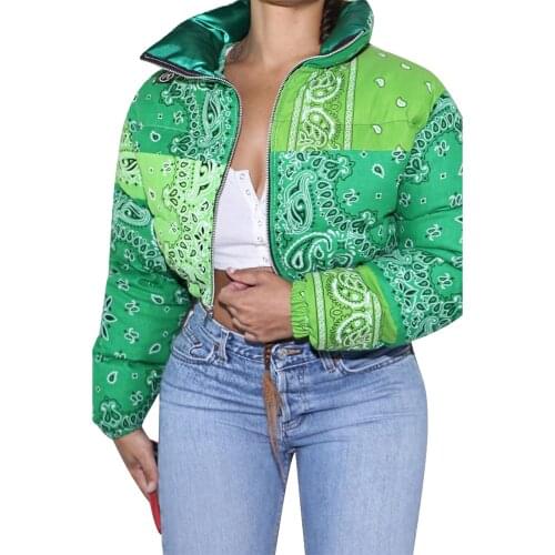 2021 Winter Women Shiny Short Puffer Jackets Bandana Printed Cropped Puffer Jackets Fashion Zip Up Bubble Warm Coats