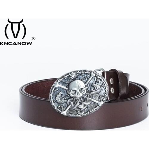 Men Casual High Quality Belts For Jeans Vintage Real Leather Luxury Cowskin Belt Skull With Snake Buckle Trouser Strap 90-130cm