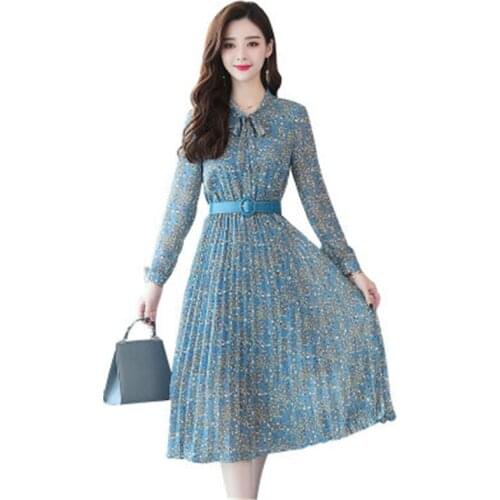 Autumn Womens Dress 2020 New Arrivals Elegant Female Chiffon Dress Bow Tie Floral Dress Long Sleeve With Belt Ladies Dresses