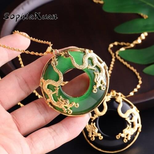 SophiaXuan Chinese Style Neckalces Jewelry Auspicious Dragon Pendants Artificial Green Stone Neckalce Unisex for Friends Gifts