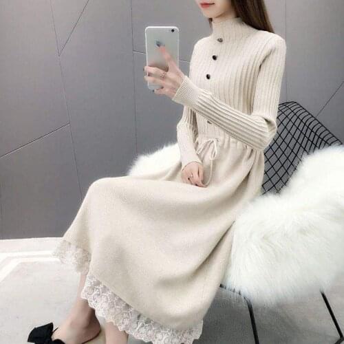 JMPRS Elegant Lace Patchwork Women Sweater Dress Long Sleeve Winter Fashion Lace Up High Waist Female Knit Warm Black Midi Dress