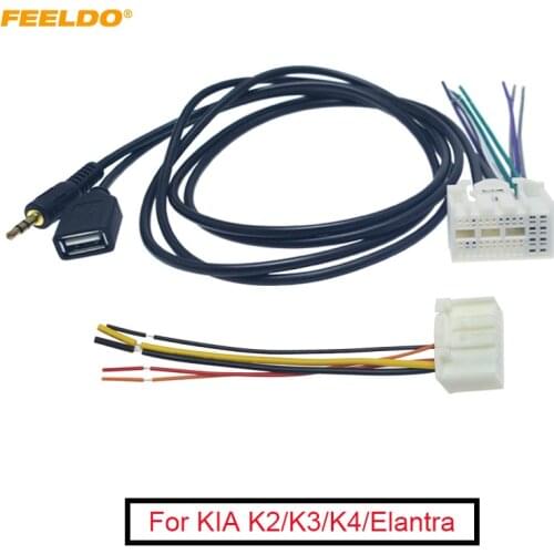 FEELDO 5Pcs Car Stereo Radio Wiring Harness Adapter with AUX(3.5mm)/USB Connector Plug For KIA K2/K3/K4/Elantra/Mistra/Tucson
