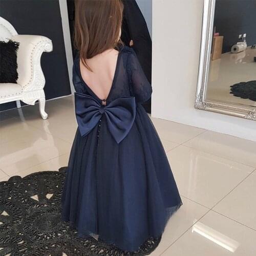 Navy Blue Flower Girl Dresses Long Sleeves Puffy A-Line Wedding Party Dresses First Communion Gown for Kids