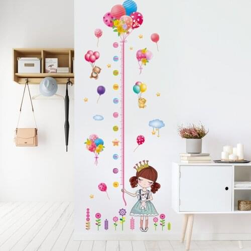 [shijuekongjian] Height Measure Wall Stickers DIY Cartoon Girl Balloons Wall Decals for Kids Rooms Baby Bedroom House Decoration
