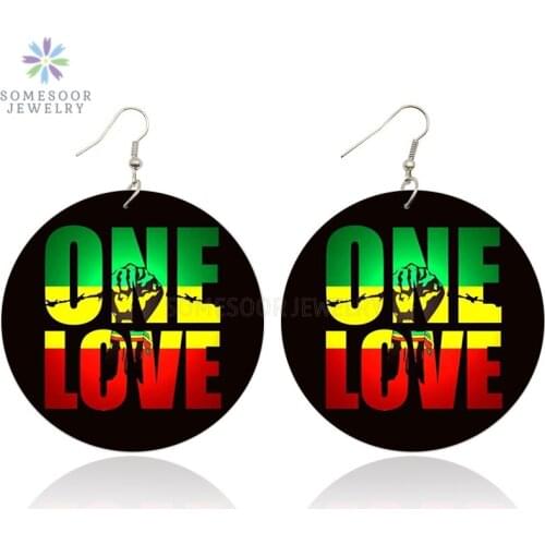 SOMESOOR Double Sides Printing United African Colors Wooden Drop Earrings ONE LOVE Power Fist Black Dangle Jewelry For Women