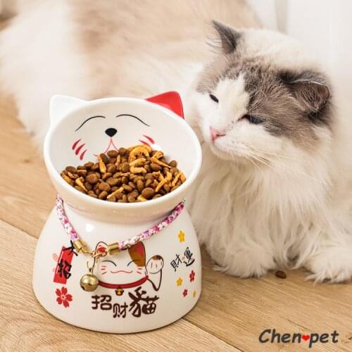 Special Design Cute Lucky Cat Shape Pet Food Bowl Raised Ceramics Pink Cat Bowl Food Feeder for Small Dog Pet Accessories