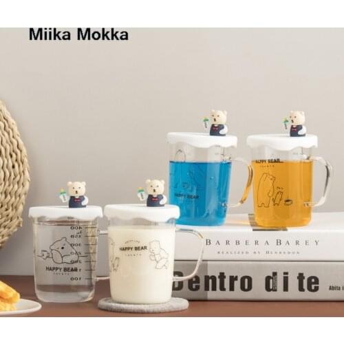 Cartoon Animal Glass Cup with Scale Breakfast Milk Mug Creative Cute Bear Glass Cups Single-layer Coffee Cup with Lid Spoon