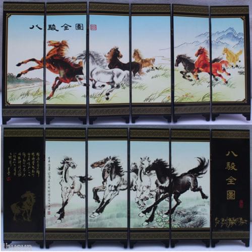Chinese Handmade Vintage Eight Horses Wooden Lacquer Six Pieces Folding Screen