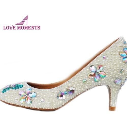 Handcraft Kitten Heel Wedding Shoes Ivory Pearl Banquet Prom Party Shoes Rhinestone Bridal Shoes Almond Toe Formal Dress Heels