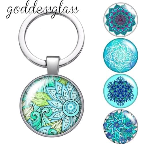 Water Blue style Patterns Flowers beauty Round glass cabochon keychain Bag Car key chain Ring Holder Charms keychains gift