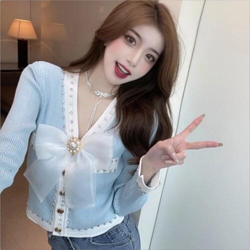 Chic Autumn New Fashion Women Single Breasted Knitted Cardigan Long Sleeve Beading Diamond Bow Knitting Sweater Office Femme Top