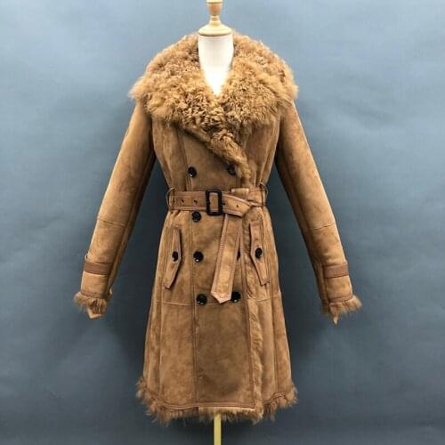 Ladies Classic Double-Breasted Sheep Fur Long Trench Coat Belted Womens Winter Sheepskin Coat New Arrival MJF-SJ-17
