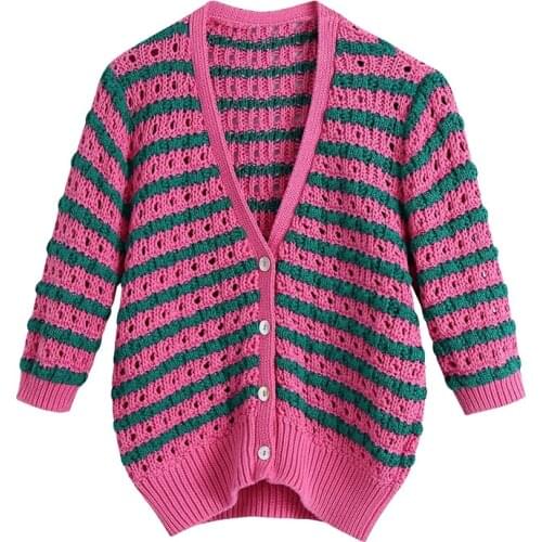 2021 New Women Fashion Striped Cropped Knitted Cardigan Sweater Vintage V Neck Short Sleeve Female Outerwear Chic Tops