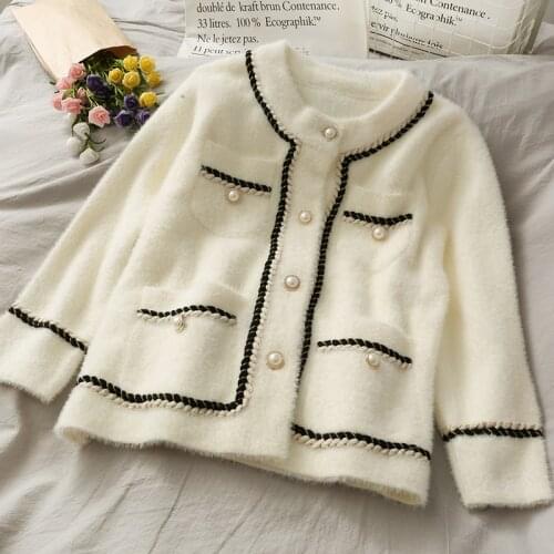 Korobov Vintage White Knitted Mohair Cardigans 2021 New Autumn Winter Long Sleeve Cardigans OL Single Breasted Women Sweater