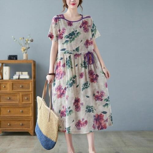 Women Summer A-line Long Dress New Arrival 2021 Vintage Style Floral Print Loose Comfortable Female Casual Dresses B494