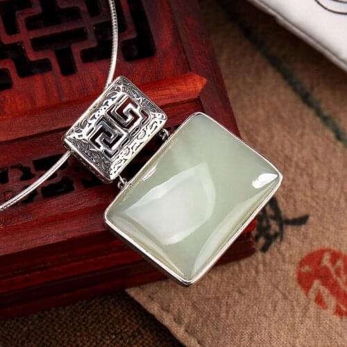 Women Necklaces without Chains Vintage Patterns Hollow Fine Jewelry Real 925 Sterling Silver Natural White Jade Square Female