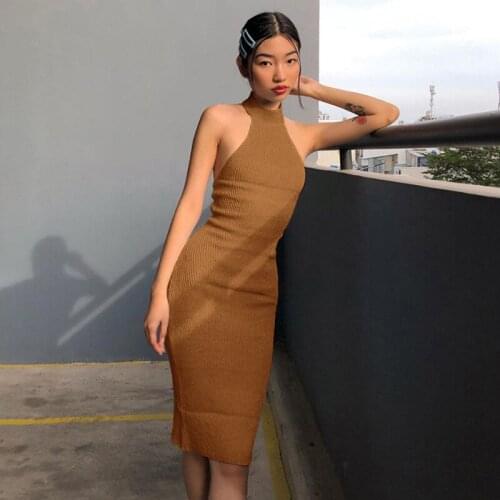 2020 New Women Halter Knitted Long Dress Sleeveless Solid Bodycon Vintage Dress Ladies Sexy Base Clothes Summer Fall Winter
