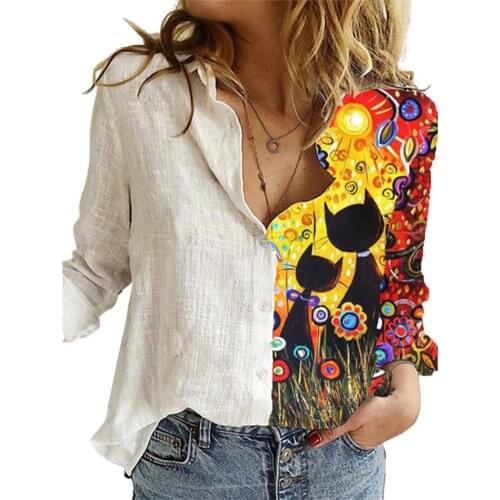 Fashion Women Buttons Long Sleeve Sunflower Cats Patchwork Blouses Office Shirt