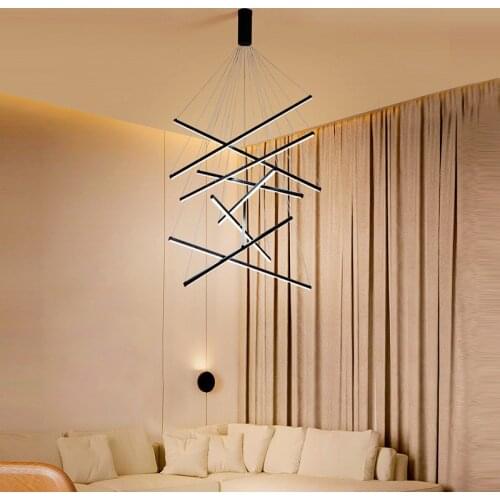Black Stair Chandelier Simpl Dimmer Led Lamp Modern Building High-Rise Kitchen Living Room Decoration Long Line Light Fixture