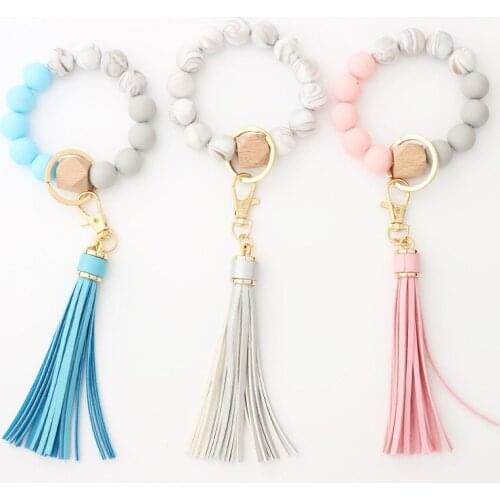 Custom Candy Color Long Leather Fringe Tassel Silicone Beads Bracelets Charm Wood Beaded Wrist Keychain Anti-lost Key Ring