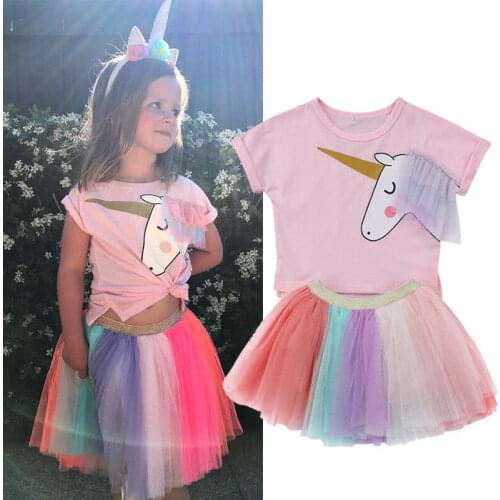 1-5Years Kids Baby Girls Clothes Set Summer Children Short Sleeve Unicorn T-shirts Tops + Tulle Tutu Skirts Baby Outfits
