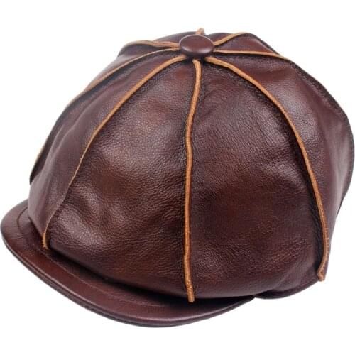Harppihop Fur Real Genuine Cow Leather Hat Cap Headwear Cattlehide Cowhide Warm winter eight corner hats