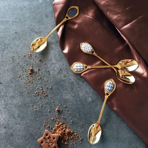 Stainless Steel Spoon Inlay Ceramic Handle Ice Cream Coffee Spoons Teaspoon Vintage Gold Plating Dessert Cake Scoop Tableware