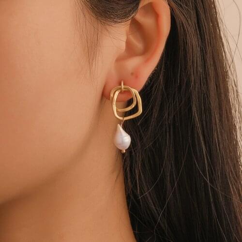 Modyle Korea Design Metal Gold Drop Earrings Baroque Irregular Circle Square Natural Freshwater Pearl Earrings for Women Girls