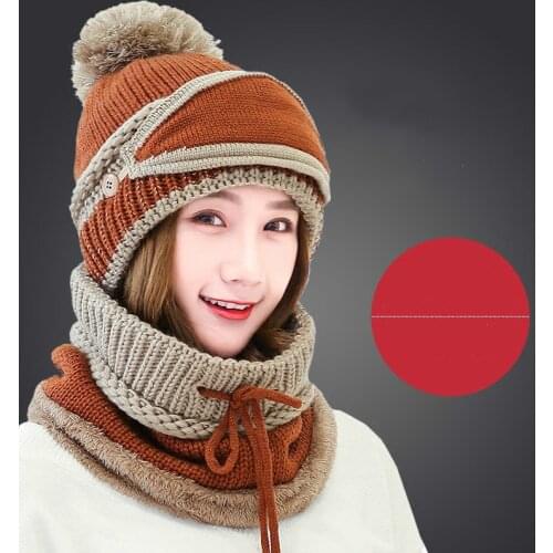New youth winter thick plus cashmere warm masks hat scarf autumn winter womens knit hat wool ball cover ear collar three set