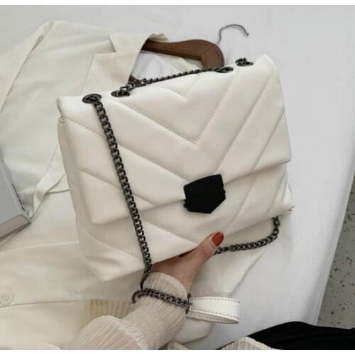 Solid PU Leather Womens Designer Handbag High Capacity Chain Shoulder Messenger Bag