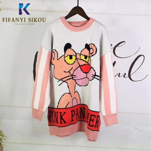 Autumn Winter Thick Sweater Women Knitted Pullover Cartoon Pink Panther Sweaters Long Sleeve O-Neck Jumper Warm Knit Tops Female