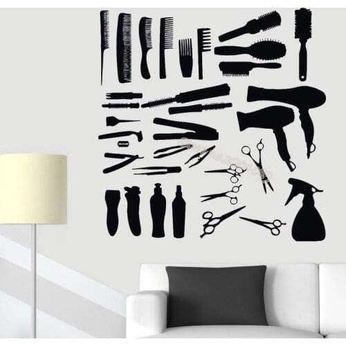 Barbershop Hair Salon Stylist Wall Stickers Trimming tool Vinyl Decal comb scissors Hair curler Razor hair dryer poster EA267