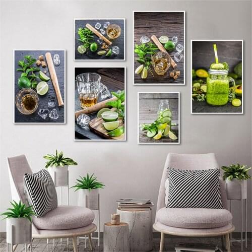 Fruit Picture Canvas Posters and Print Green Lemon Ice Tea Fruit Juicy Modular Art Nordic Diner Decorative Print for Living Room