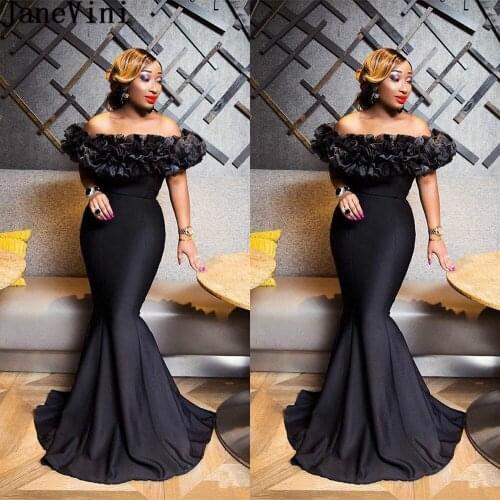 JaneVini Black Ladies Gown Mermaid Ruffles Boat Neck Long Evening Dresses Zipper Back Satin African Women Red Carpet Party Dress