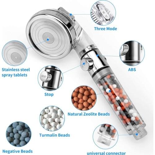 Handheld Showerhead Pressurized Filtration Lonic Filter Additional Replaceable Stone For Hard Water 4 Adjustable Modes