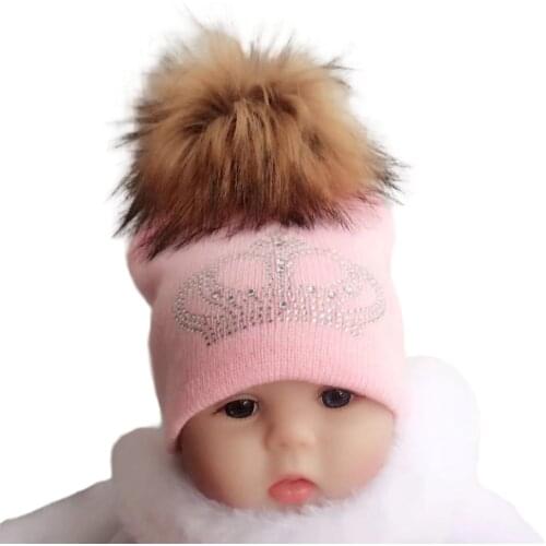 Diamond embroidery baby knitted Warm Winter Wool hat cap girl boy kids faux fur pompom children crown beanies casual skullies