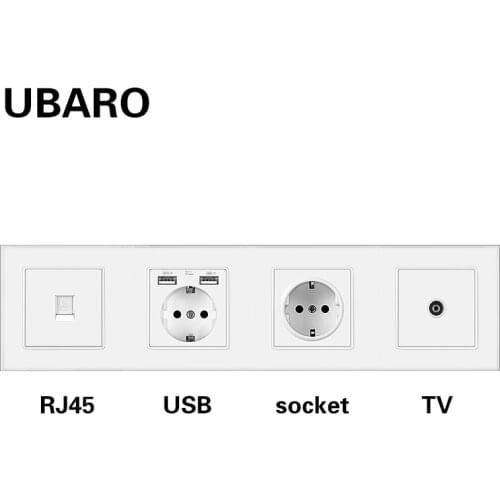 UBARO 344*86mm German Standard Tempered Glass Wall Socket RJ45 RJ11 TV Signal Terminals Usb 5V 2A Plugs Home Outlet 250V 16A