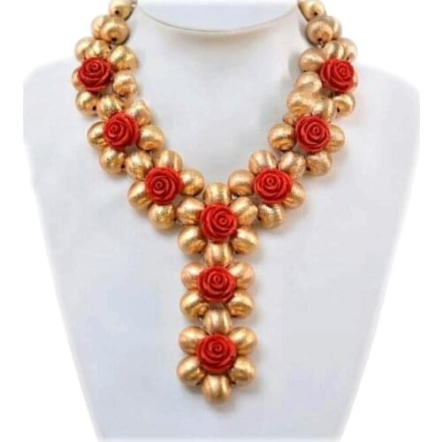 Splendid Dubai Jewelry Sets With Red Flowers Women Indian Necklace Set Heart Wedding Jewelry Set Bridal Jewelry