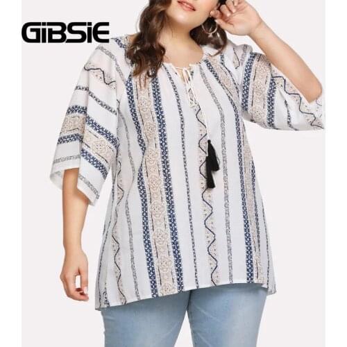GIBSIE Plus Size Tassel Tie Neck Ethnic Print Blouse Women Summer Half Sleeve Loose Casual Female Blouses Big Size 5xl 4xl xxxl
