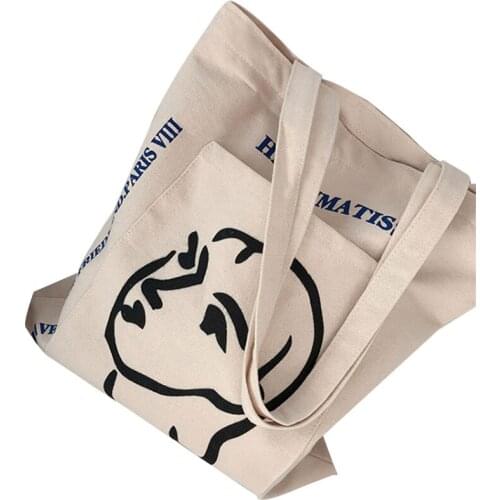 Women Casual Shoulder Bag, Letter & Female Head Print Open/Zippered Canvas Handbag Tote (White)