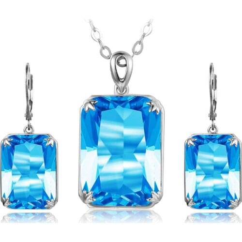 Real 925 Sterling Silver Blue Topaz Handmade Fine Jewelry Rectangle Boho Earrings Jewelry Sets for Women Bijoux Anniversary Gift