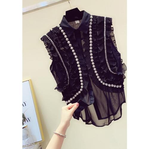 Ruffles Pearl Beaded Women Shirts 2020 Summer New Solid Sleeved Chiffon V-neck Office Lady Elegant Shirts Tops