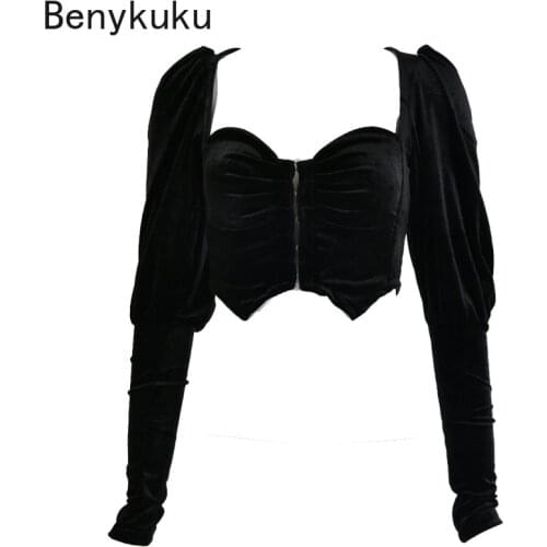 Vintage Long Puff Sleeve Black Flannel Crop Top Sexy Deep V Neck Women Elegant Bodycon Tees Velvet Short Corset Cropped Tops