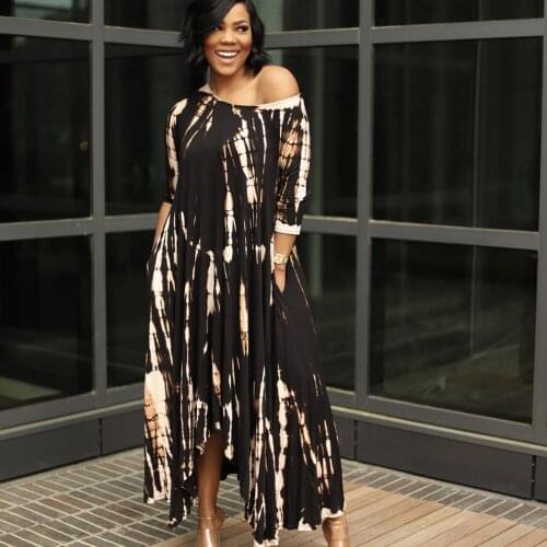 Echoine Summer Tie Dye Print Long Maxi Dress Women Loose Casual Split Irregular Dresses with Pocket Vintage Vestidos Robe