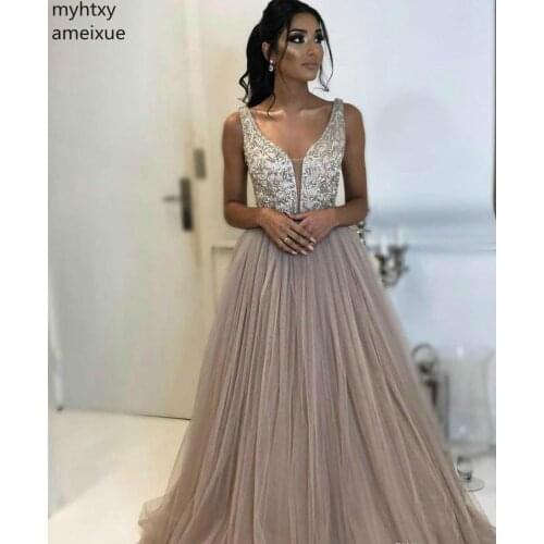 New A Line Long Sexy Evening Dresses 2020 Deep V Neck Tulle Formal Women Wear Party Gowns Plus Size Custom Made Robe De Soiree