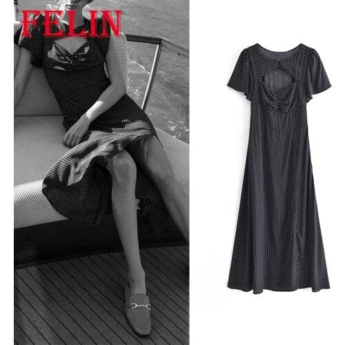 Women Dot Print Chiffon Dress Za Fashion 2021 Short Sleeve Midi Dresses Vintage Hole Sexy Side Split Dress Female Chic Vestidos