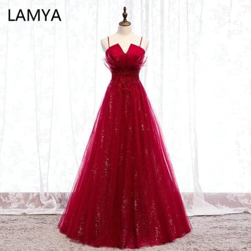 LAMYA Sexy V Neck Spaghetti Strap Long Evening Dresses Luxurious Lace Appliques Prom Dress Elegant Ball Gown Vestido De Novia