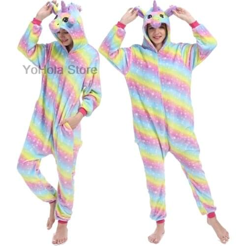 Winter Soft Unicorn Rainbow Kigurumi Pajamas Mother Kids Animal Onesies Sleepwear Flannel Warm Jumpsuit Children Pajamas