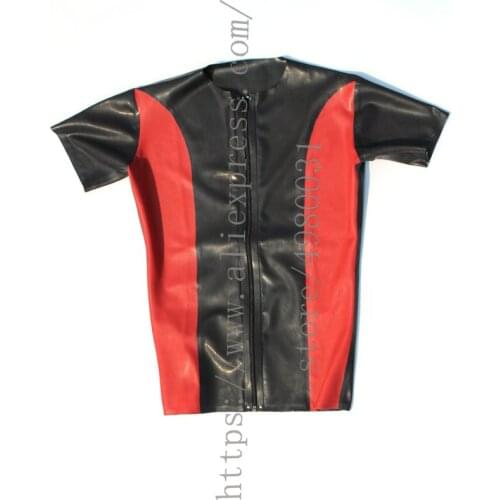 100% handmade black with red trim tight latex t-shirt with front zip decoration and made of 100% real natural latex materials