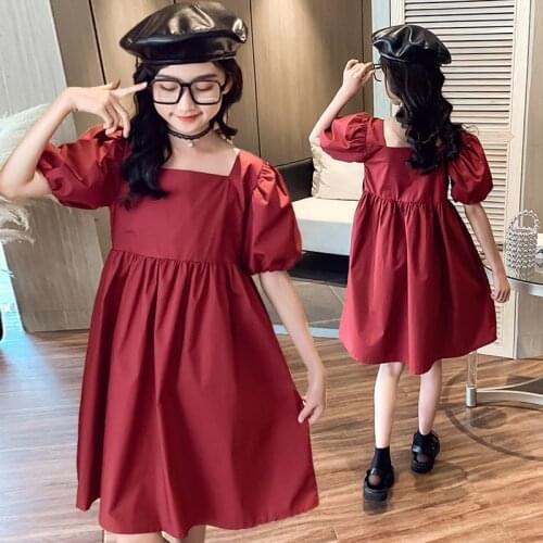 2021 Girl Dress Summer Puff Sleeve Solid Kids Dress Elegant Girls A-Line Princess Dresses Children Clothing 6 8 10 12 14 16 Yrs